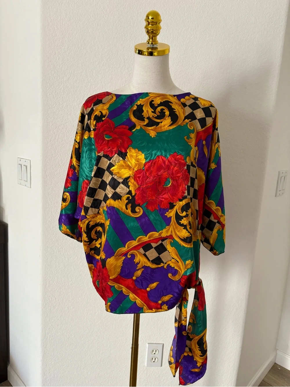Vintage 80s Baroque Floral Satin Blouse Colorful Statement Top